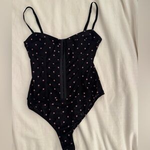 Free People Black and Pink polka dot corset bodysuit